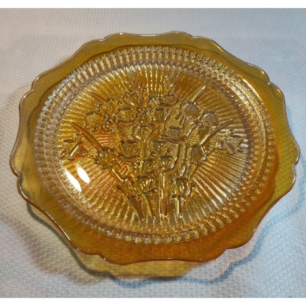 iRIDESCENCE! Jeanette Glass IRIS & HERRINGBONE 9" Marigold Amber Dinner‎ Plate